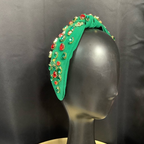 Christmas themed fabric top knot headband red and green rhinestones - Picture 3 of 8